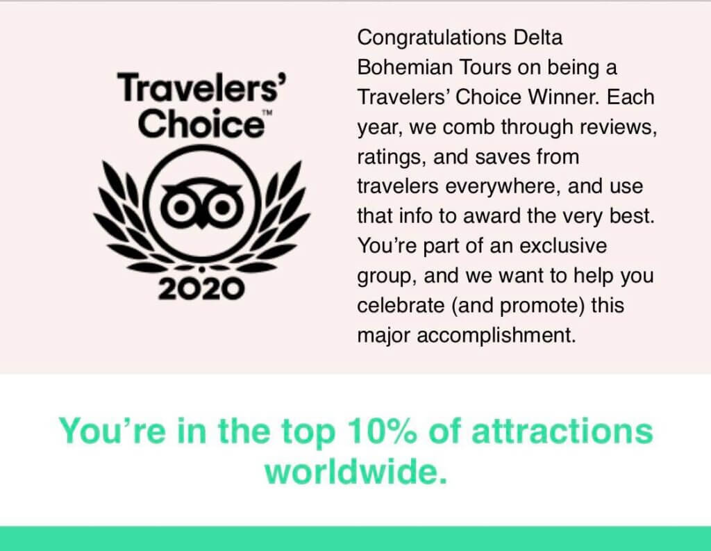 A travelers choice award for bohemian tours